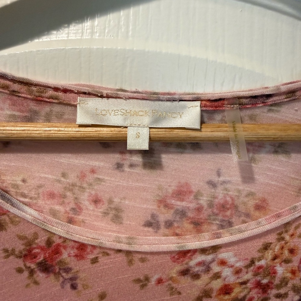 LoveShackFancy Pink Floral Scoop Neck Short Sleeve Top - Picture 3 of 5